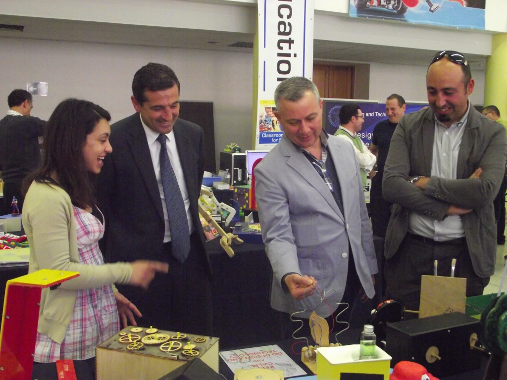 Hon. Chris Agius Parliamentary Secretary for Youth and Innovation and Jeffrey Pullicino Orlando, CEO for MCST visiting school exhibits at the D&T Expo 2015. 